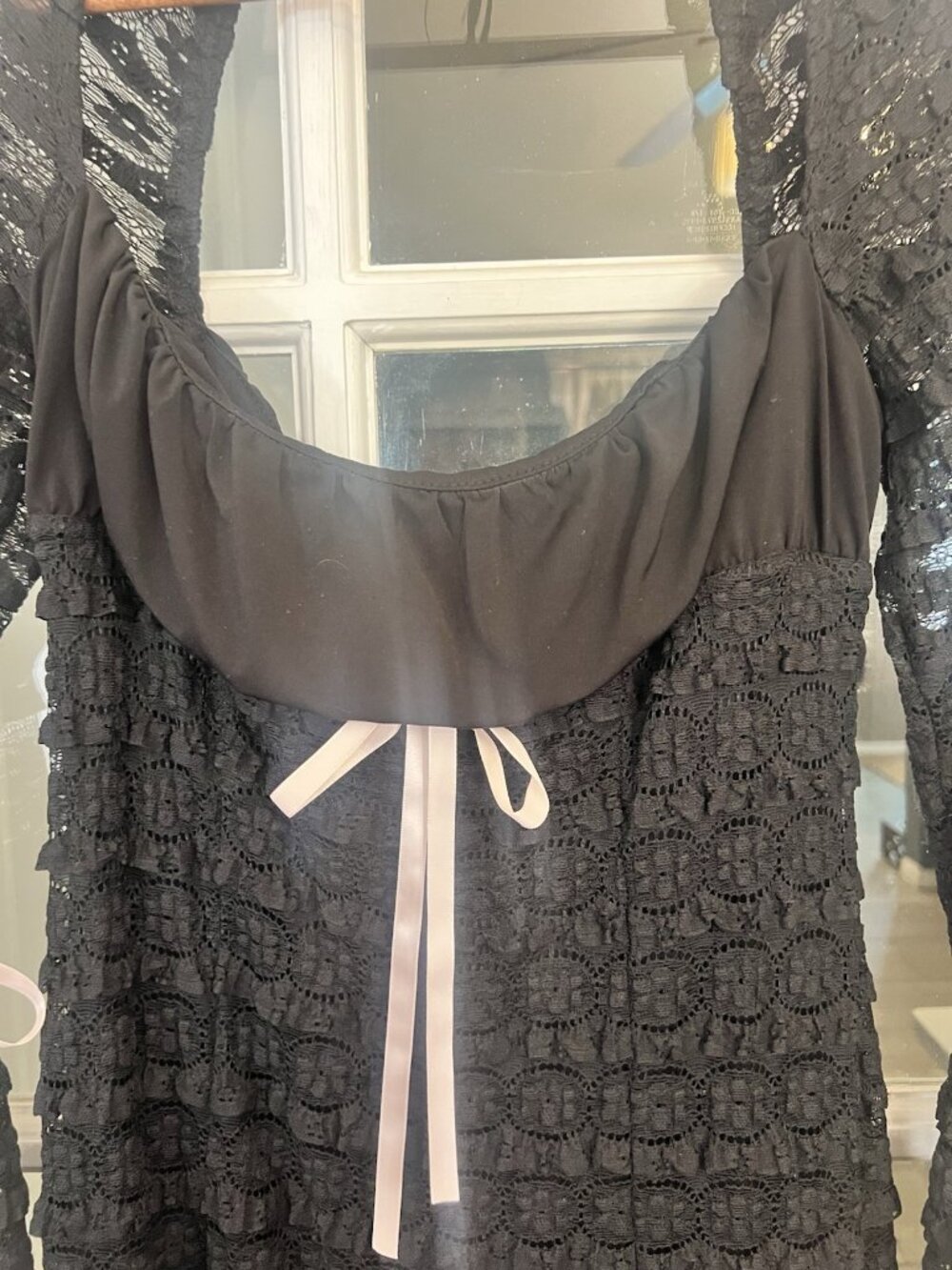 Dress wimsigoth Black Gwen Sz M Bell Sleeve Lace Pink Dark Bow Peep Q - Picture 4 of 12